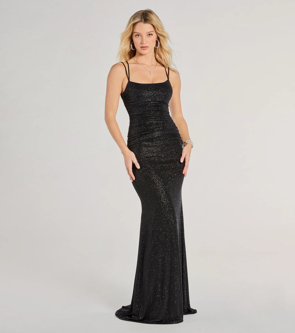 Rylie Formal Glitter Lace-Up Column Dress