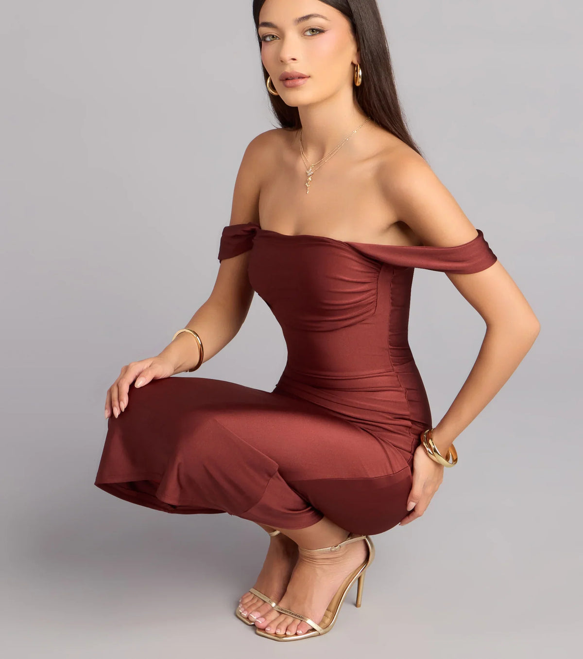 Exceptional Off-The-Shoulder Flared Midi Dress