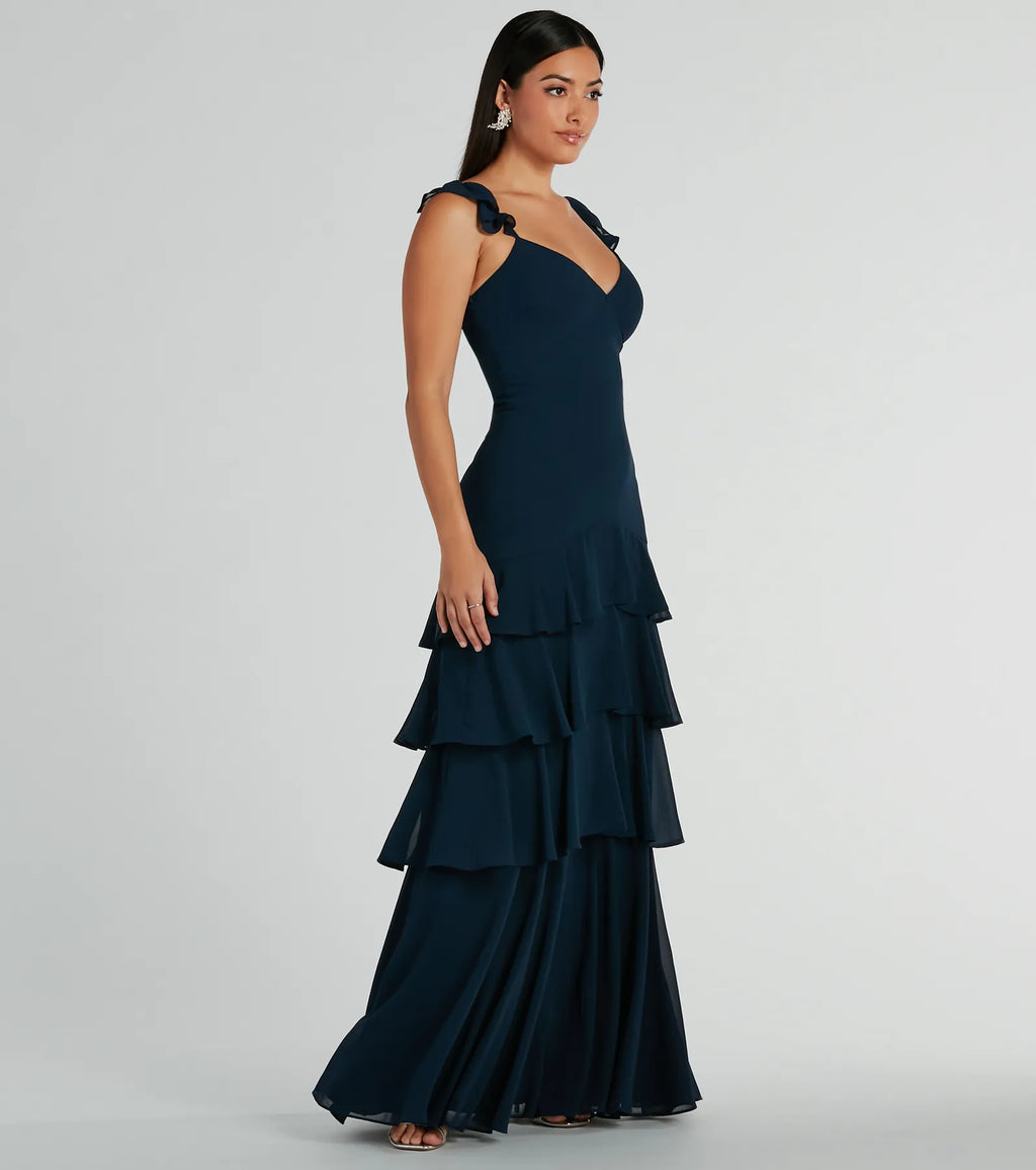 Adalee Flutter Strap Ruffled Chiffon Formal Dress