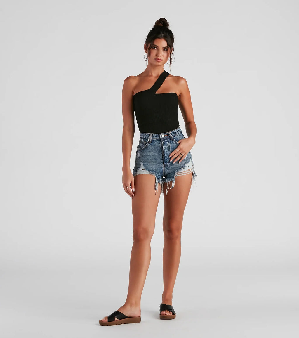 Sleek Basic One-Shoulder Crop Top
