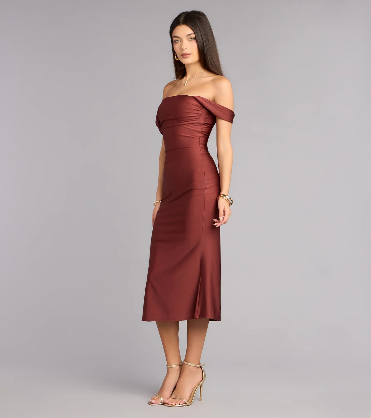 Exceptional Off-The-Shoulder Flared Midi Dress