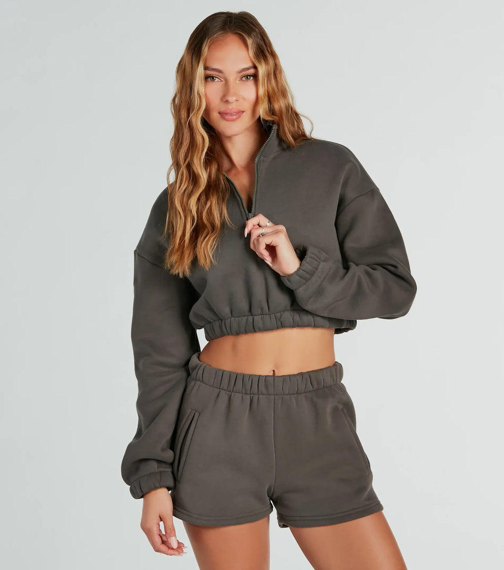 Weekend Loading Half Zip Fleece Crop Sweatshirt